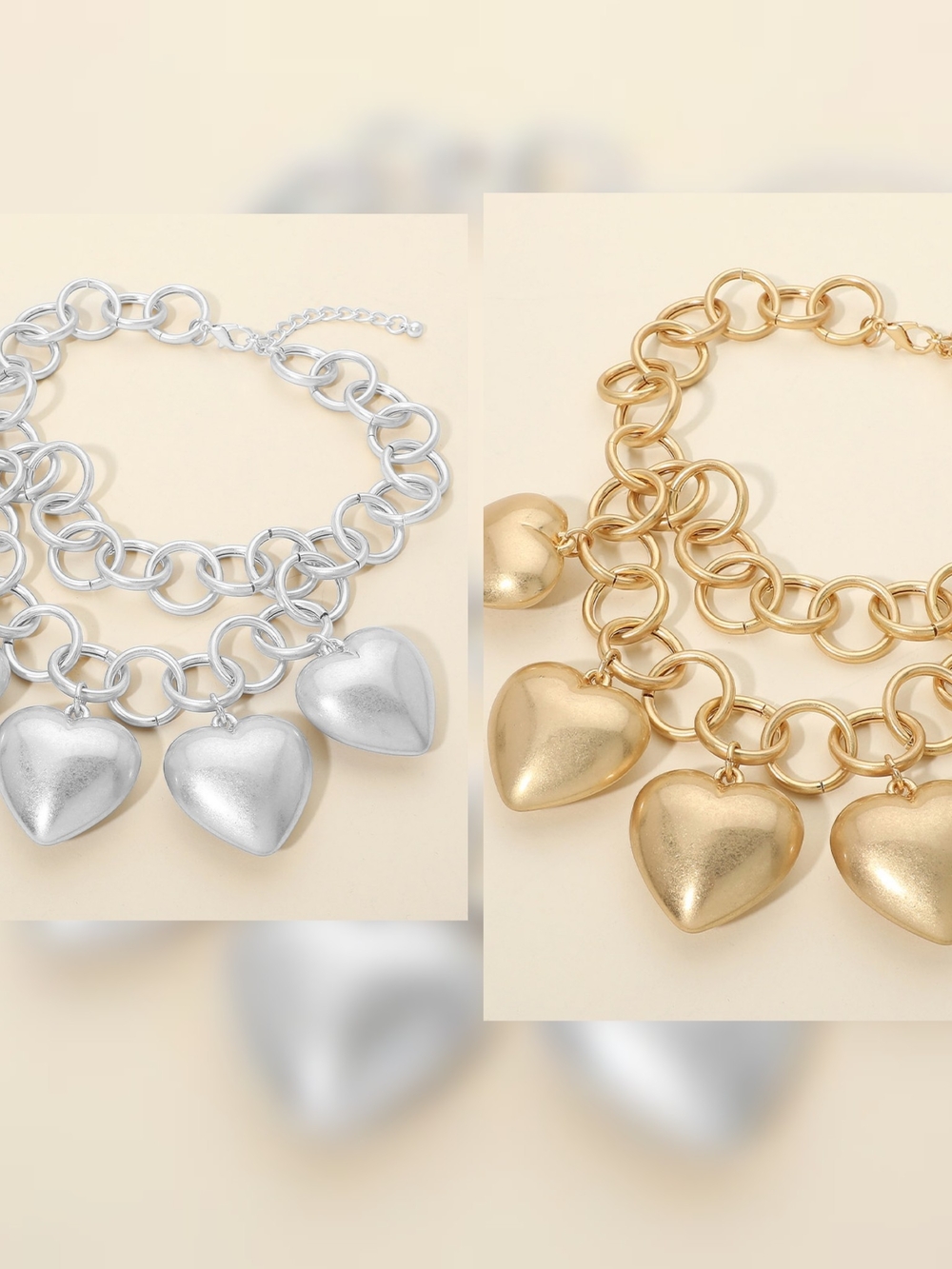 Gold and Silver Heart Charm Chain Link Necklace - Women Jewelry